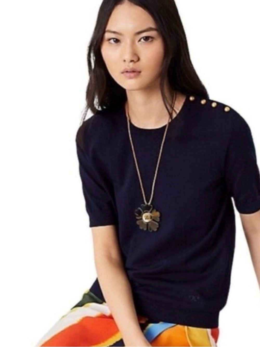 Tory Burch Preston Navy Cotton Nautical Button Sweater Top M